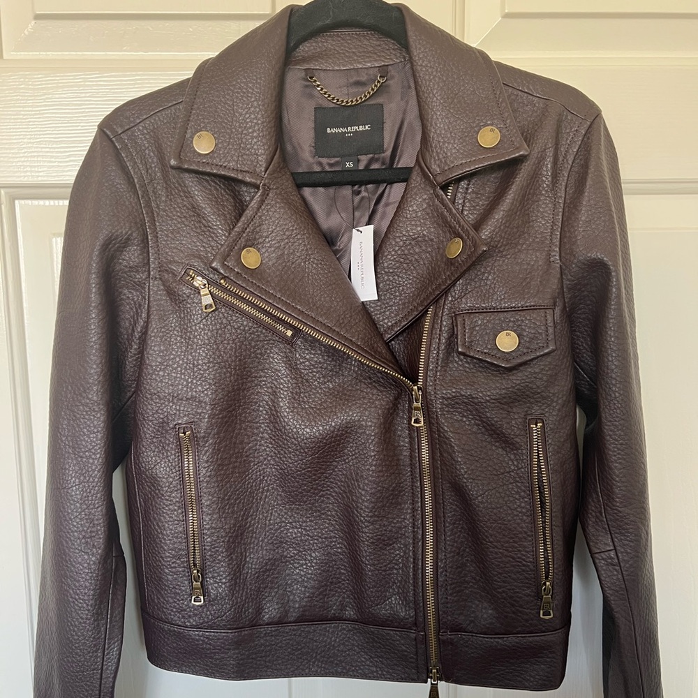 Banana Republic Dark Brown Leather Jacket with Gold Details